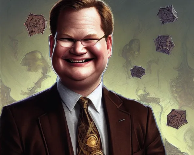 Prompt: close up of andy richter smiling wearing a brown suit and necktie, focus, d & d, intricate, elegant, highly detailed, digital painting, artstation, concept art, matte, sharp focus, illustration, hearthstone, art by artgerm and greg rutkowski and alphonse mucha