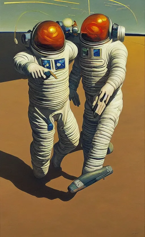 Image similar to Oil painting of two man astronauts wearing helmet fighting each other by Lucian Freud, Abstract brush strokes, Masterpiece, Edward Hopper and James Gilleard, Zdzislaw Beksinski, Mark Ryden, Wolfgang Lettl highly detailed, hints of Yayoi Kasuma