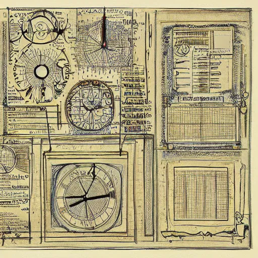 Image similar to technical digram of time travel on paper, exceedingly intricate, davincie style, infographic, blueprint, illuminated, manuscript, hand drawn sketch