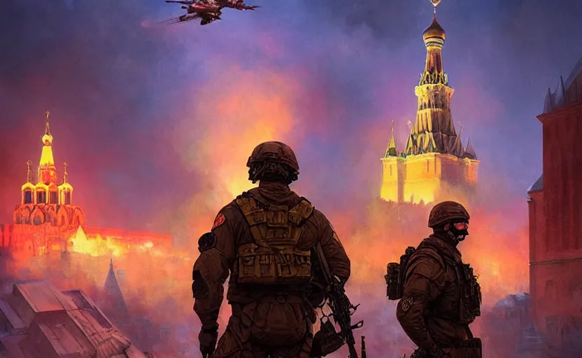 Prompt: special forces soldier with yellow shoulder patch enjoying red square kremlin burn in the background, d & d, fantasy, bright atmosphere, volumetric lights, intricate, elegant, extremely detailed, digital painting, artstation, concept art, matte, smooth, sharp focus, hyper realistic, illustration, art by artgerm and greg rutkowski and alphonse mucha