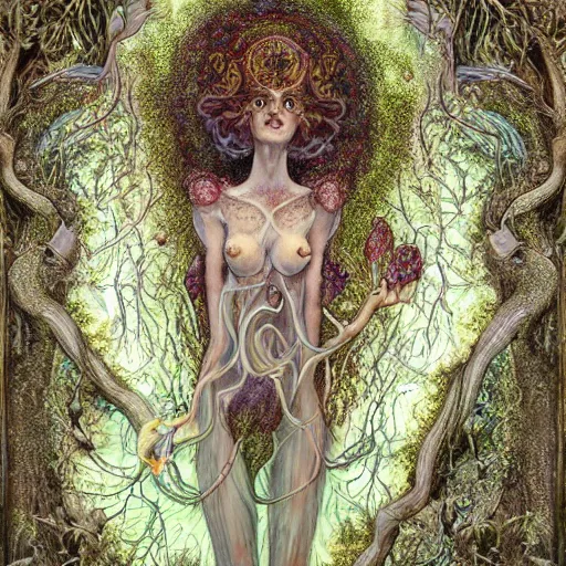 Prompt: the transcendent being depiction of the goddess babalon, entangled with nature, fungi, mycelial, lichen, moss, by james jean, clear, smooth, fleshy, realistic, divinity, mystical third eye, filigree, occult art, stunning
