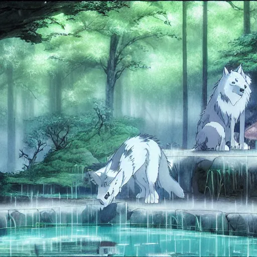 Image similar to a spirit wolf forest drinking water from an illuminated pool, hayao miyazaki, masashi ando, nizou yamamoto, kazuo oga, joe hisaishi, yoji takeshige, naoya tanaka