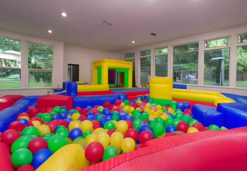 Image similar to A bouncy house with a ball pit and a trampoline inside a big empty room with light coming through windows