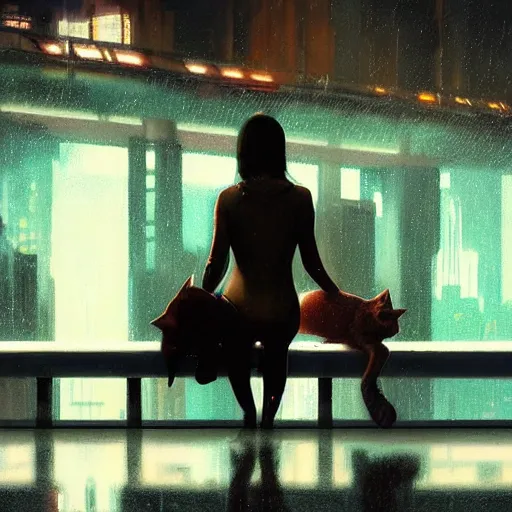 Image similar to chillwave scene of girl and cat, moment, cyberpunk elevated train, electronic billboards, tech noir, wet reflections, atmospheric, ambient, livia prima, greg rutkowski, edward hopper, pj crook