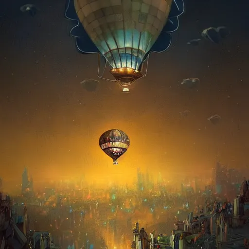 Image similar to a beautiful stunning fantasy whimsical matte digital illustration of a hot - air balloon race over a city at night by marc simonetti, pastel color palette, disney steampunk, chiaroscuro magical bokeh moon stars, trending on artstation hq, masterpiece