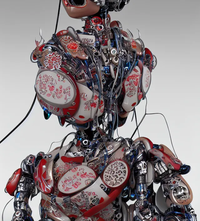 Image similar to full body portrait of a beautiful japanese robotic geisha with wires and kanji tattoos and decals, dramatic lighting, hyper - realistic, ultra - realistic, intricate details, japanese model, 8 k ultra high definition, octane render