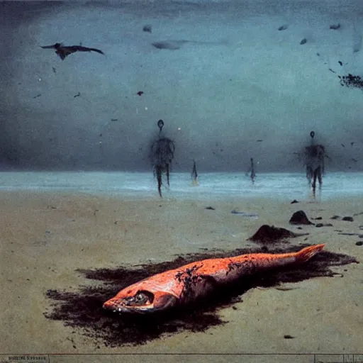 Prompt: decaying salmon on the beach after spawning, eaten by insects, by beksinski, dark vibes, 4 k, ultra realistic, highly detailed.