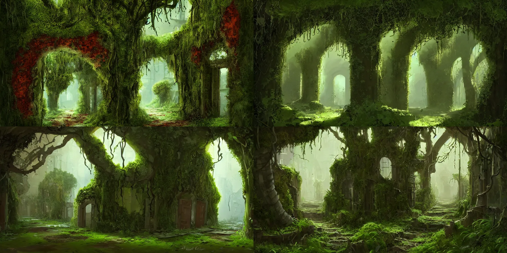 Prompt: concept artwork illustration abandoned stylized old jaffa very overgrown green ivy mossy alley contrast shadows