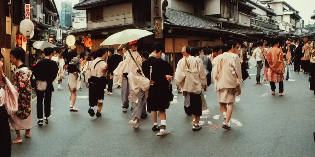Image similar to street photography of gion matsuri midday, people in 9 0 s fashion, in kyoto japan, shot on kodak gold with a canon 3 5 mm lens aperture f / 5. 6, masterful photography by haruto hoshi and yang seung - woo and saul leiter, hyper - realistic