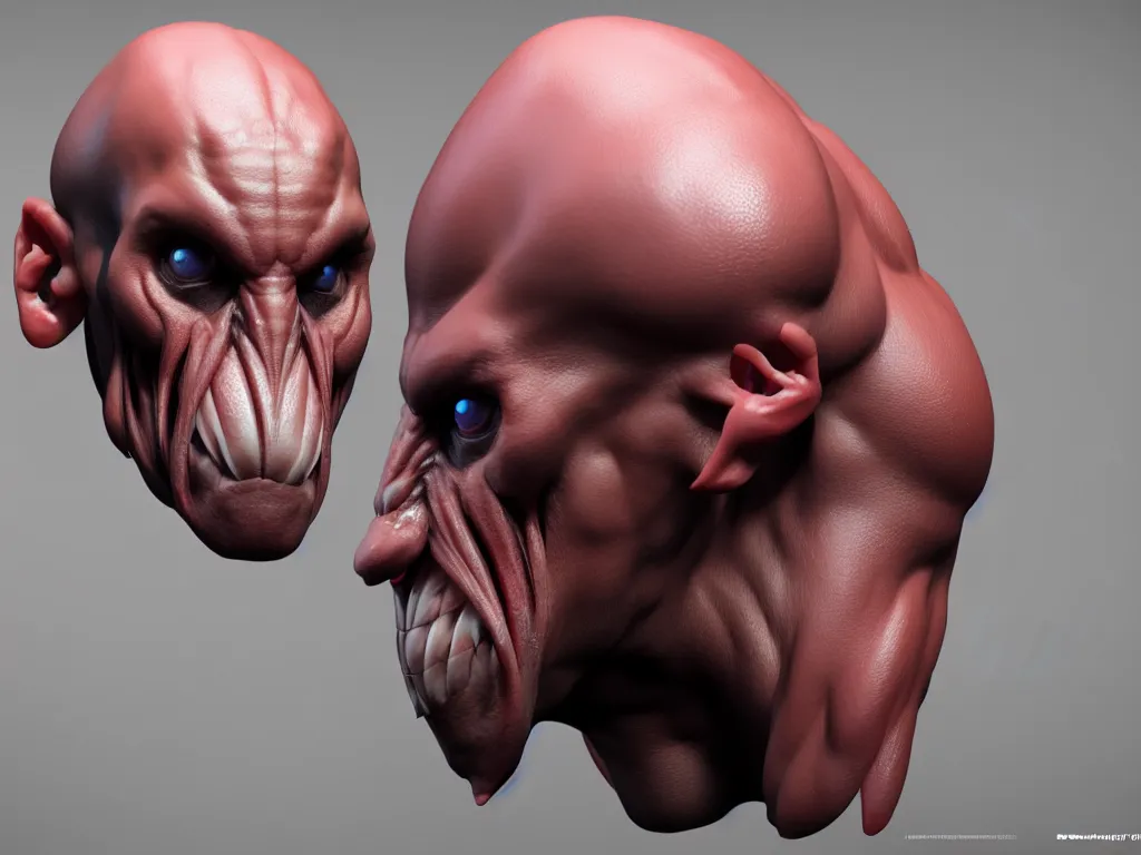 Image similar to game concept art, muscular, amphipoda head, chiroptera ears, hyperrealism, artstation, cgsociety, zbrush, no background