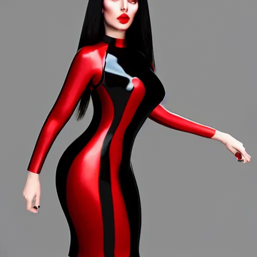Image similar to a feminine curvy pale hot young goth supermodel wearing an elegant modest tight shiny red-gold-silver-black striped latex high-neck dress, cgsociety, photorealistic, sublime-cool-hyperadvanced-dark-amorous ambience, 16k, smooth, sharp focus, trending on ArtStation, volumetric lighting, fully clothed, thin waist