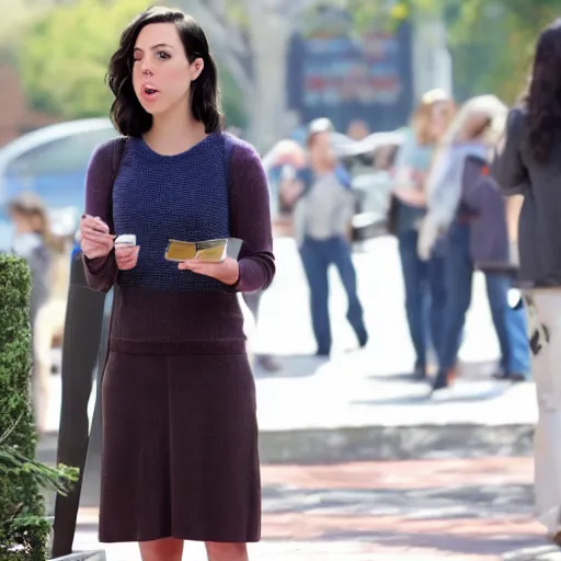 Image similar to aubrey plaza standing in a plaza