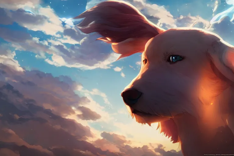 Image similar to blue eyed celestial dog, single subject, scenic full shot, ambient lighting, detailed face, by makoto shinkai, stanley artgerm lau, wlop, rossdraws