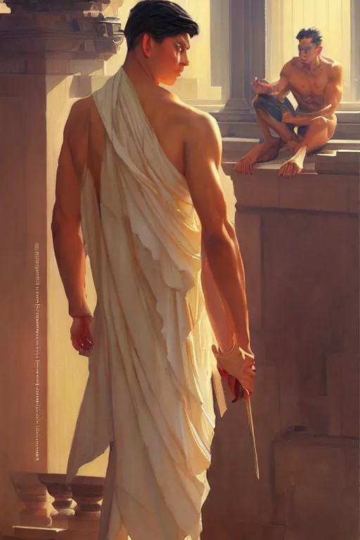 Image similar to male, temple, taoism, painting by greg rutkowski, j. c. leyendecker, artgerm