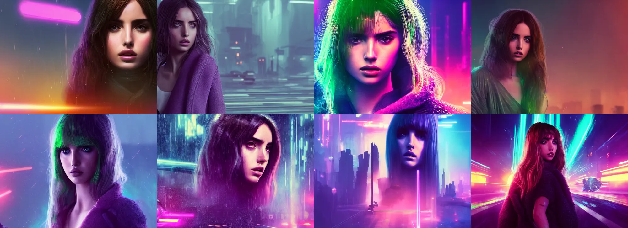 Prompt: beautiful Ana de Armas in blade runner 2049, long flowing hair, laser cannon, 8k, trending on artstation, unreal engine, purple neon, green rain, hyoer realistic