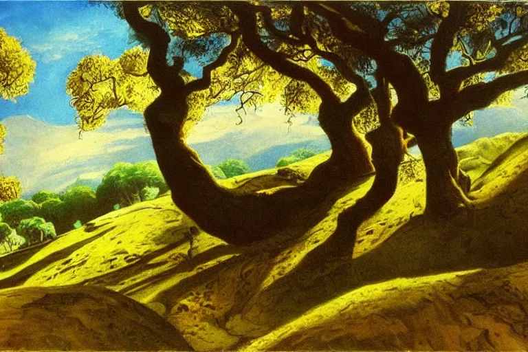 Prompt: masterpiece painting of oak trees on a hillside overlooking a creek, dramatic lighting, by gustaf tenggren