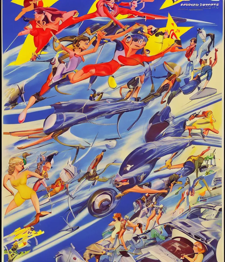 Image similar to Hannah Barbera cartoons of Five Star Stories as Whacky Races, promotional poster super detailed , xpensive production, realistic style, gouache colors, Hollywood retro cartoon poster, golden era of animation work