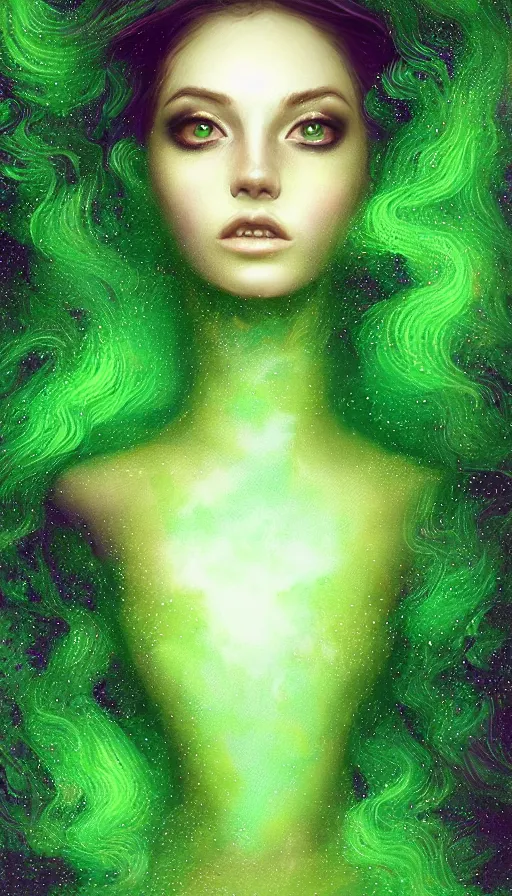 Image similar to portrait of magical green dj , dark fantasy, gradient green black, dreamy and ethereal, (colour) eyes, one head, golden ratio, peaceful expression, ornate frilly dress, fantasy, intricate, elegant, rainbow bubbles, highly detailed, digital painting, artstation, concept art, smooth,b sharp focus, illustration, art by artgerm and greg rutkowski and alphonse mucha