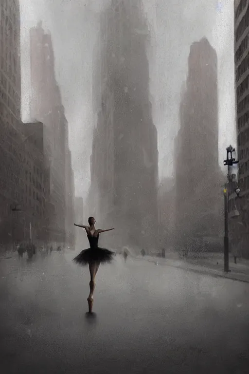 Prompt: a ballerina dancing in the empty streets of New York , beautiful woman, digital art, by Greg Rutkowski, volumetrics, dark realism, 4k, trending on artstation