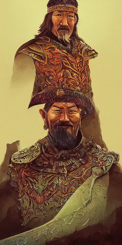Prompt: highly detailed portrait of genghis khan by roger dean and alena aenami