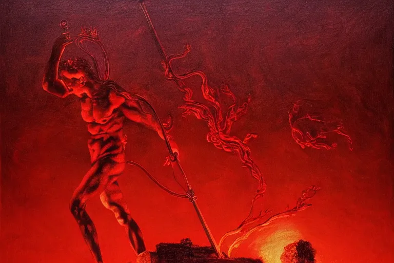 Image similar to only with red, a red melted apollo with a laurel wreath and a flaming sword announce the win, athens in the background, pathos, in the style of beksinski, part by hopper, part by rodcenko, part by hofbauer, intricate composition, red by caravaggio, insanely quality, highly detailed, masterpiece, red light, artstation, 4 k