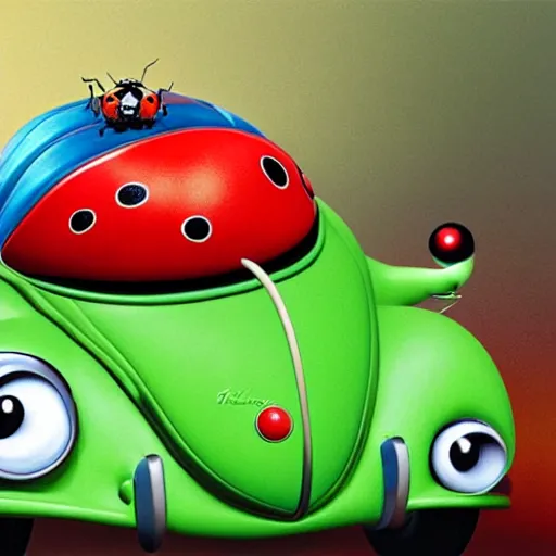 Prompt: a hybrid giant lady bug is merged with'herbie the love bug'car, digital art, hyperrealistic, imax, 7 0 mm, movie still