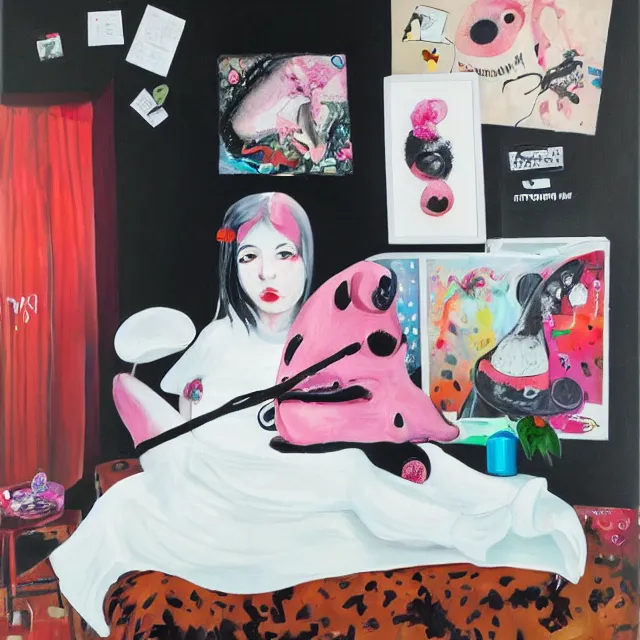 Image similar to a portrait in a female artist's bedroom, black walls, emo girl riding an inflatable pig, sheet music, berries, surgical supplies, pancakes, black flowers, sensual, octopus, neo - expressionism, surrealism, acrylic and spray paint and oilstick on canvas