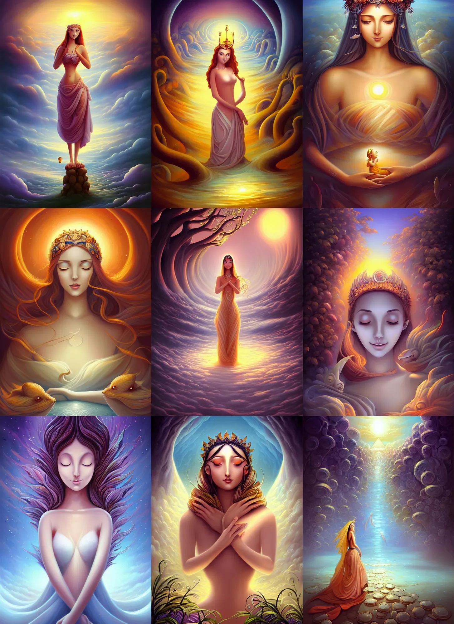 Prompt: beautiful goddess, an illustration by cyril rolando, vladimir kush and goro fujita, deviantart, fantasy art, storybook illustration, oil on canvas