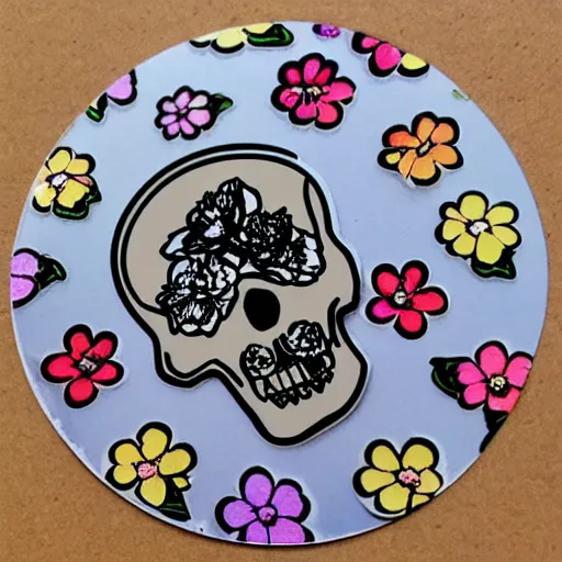 Prompt: cute flowers in a skull sticker