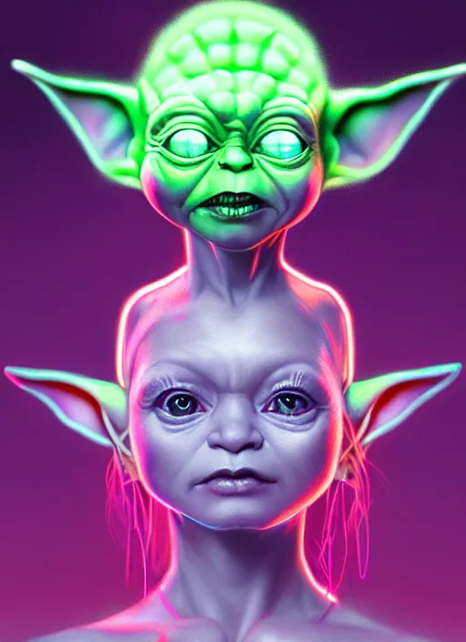 Image similar to portrait of baby yoda cyber humanoid, intricate, elegant, cyber neon lights, highly detailed, digital painting, artstation, glamor pose, concept art, smooth, sharp focus, illustration, art by artgerm and greg rutkowski