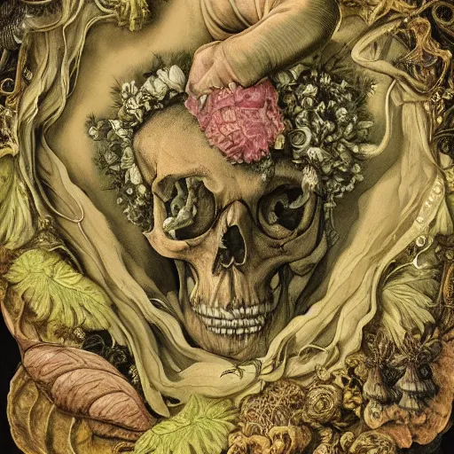 Prompt: a beautiful detailed rococo photo of a rotten woman corpse becoming almost a skull with face muscles, veins, arteries, fractal plants and fractal flowers and mushrooms growing around, intricate, ornate, volumetric light, beautiful lit, beetlejuice