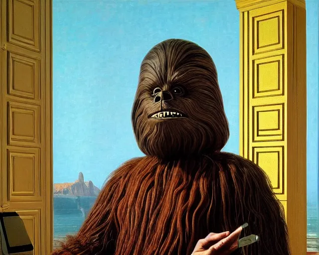 Image similar to wookiee at home trading crypto. the charts are at all time highs, gains, green charts, painting by rene magritte, grant wood and frank frazetta, 3 d rendering by beeple, wlop