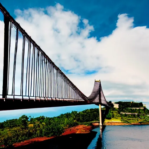 Image similar to steel suspension bridge built in 1 9 2 8, side view, clouds in background, woodcut style,