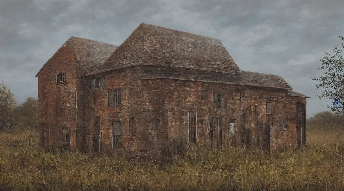Prompt: painting of an abandoned building in an open landscape by lee madgwick