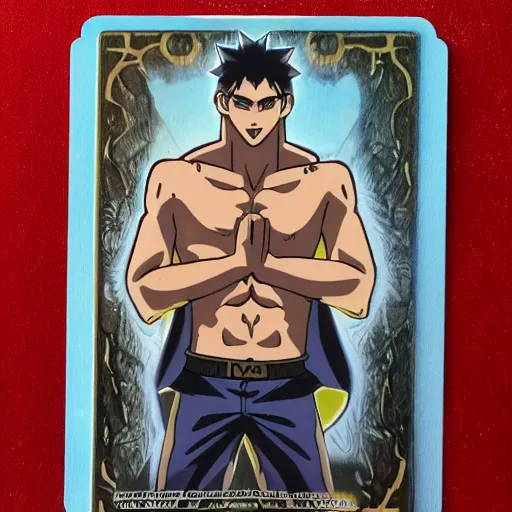 Image similar to official hunter x hunter card with picture of a thin white skinned armenian with a big jaw and a hairy chest