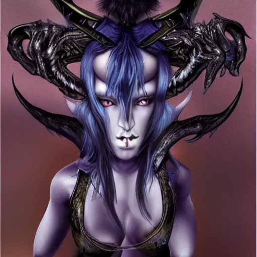 Image similar to “ gothic blue skinned succubus demon with horns, hyperrealistic, detailed ”