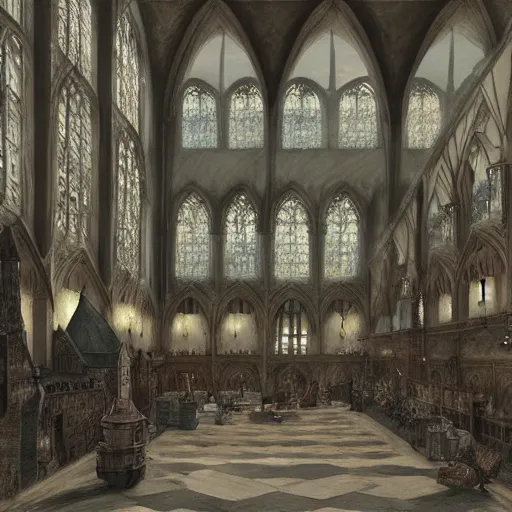 Image similar to howarts great hall, a detailed matte painting by anton pieck, deviantart contest winner, fantasy art, concept art, official art, matte drawing