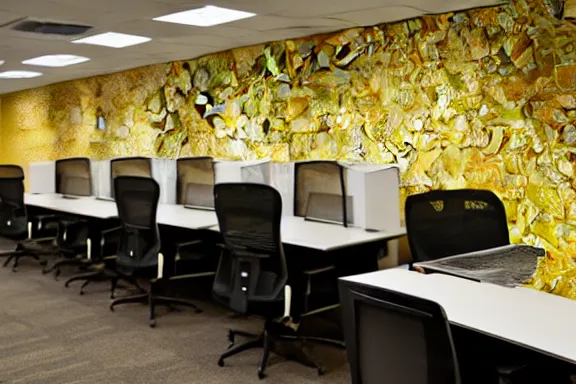 Prompt: an endless office space with old yellow wallpaper from the 1970s lit by fluorescent lights with no windows