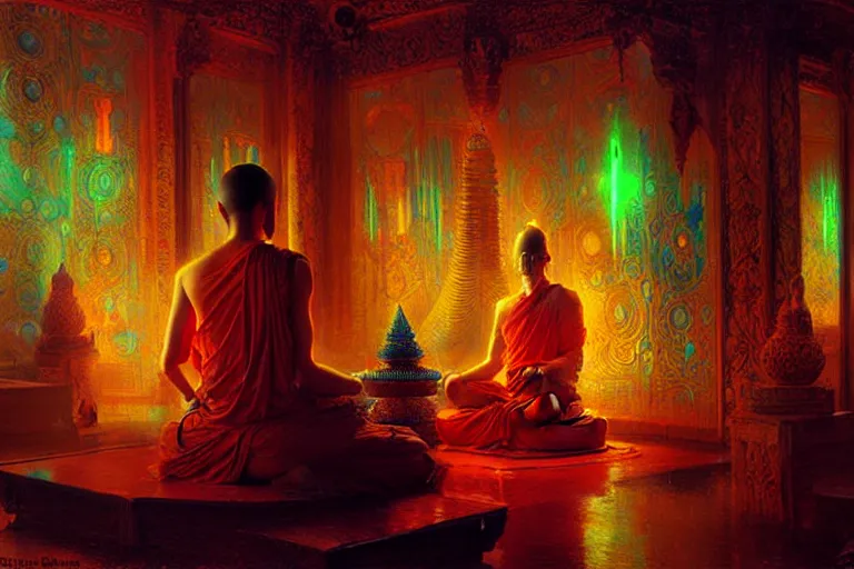 Image similar to buddhism, neon light, painting by gaston bussiere, greg rutkowski, jean giraud