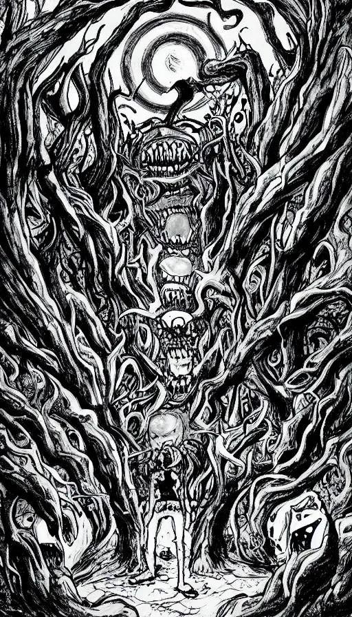 Prompt: a storm vortex made of many demonic eyes and teeth over a forest, from cryptid academia
