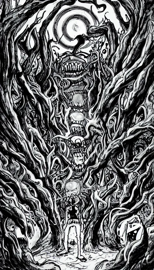 Image similar to a storm vortex made of many demonic eyes and teeth over a forest, from cryptid academia