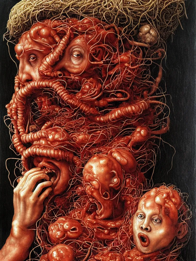 Image similar to a boy like the spaghetti monster, eraserhead and elephant man sitting in a tub full of tomato sauce, looking straight into camera, screaming in desperation, by giuseppe arcimboldo and ambrosius benson, renaissance, fruit, intricate and intense oil paint, a touch of chesles bonestell, beksinski and hr giger and edward munch, realistic