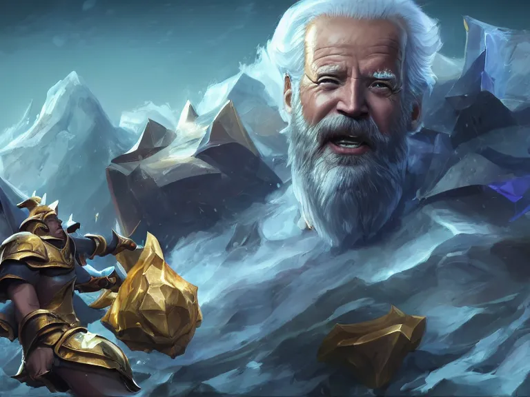 Image similar to portrait of crystal king joe biden, rule of thirds, right - side composition, low angle, action pose, photorealistic facial features, fantastic background landscape, league of legends champion splash art, by chengwei pan and huang guangjian and viktoria gavrilenko and artgerm and greg rutkowski, 8 k, octane, trending on artstation