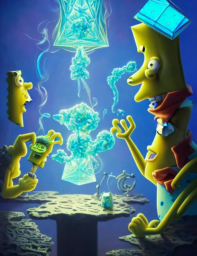 Image similar to front shot of spongebob smoking weed with elon musk, hyperdimensional, bioluminescent hypercubes, crystalline!!! holography!!!, (((intricate))), elegant, highly detailed, centered, (((artstation, concept art, smooth, sharp focus, artgerm, Tomasz Alen Kopera, Peter Mohrbacher, donato giancola, Joseph Christian Leyendecker, WLOP, Boris Vallejo))), mugshot!!!!!, ugly!!!!!!, octane render, nvidia raytracing demo, grainy, muted, 8K, digitalblasphemy