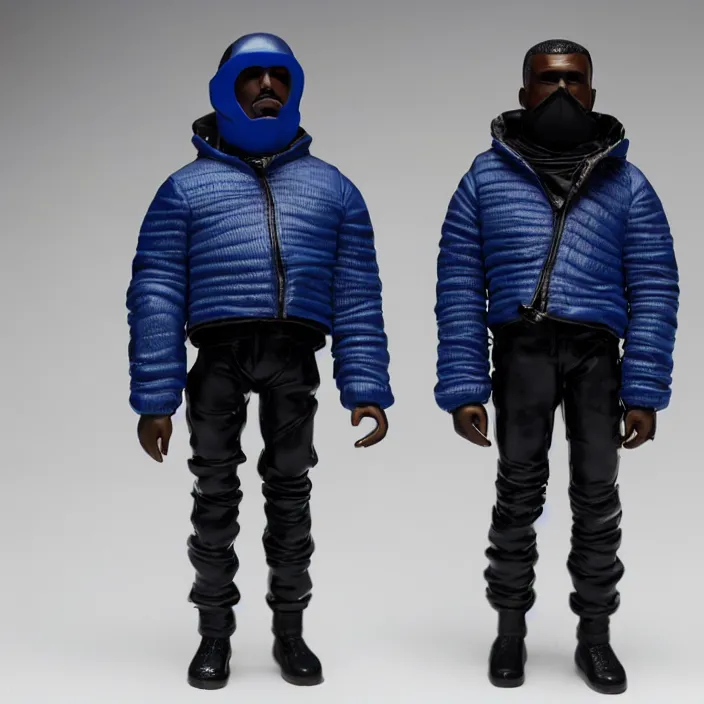 Image similar to a goodsmile figure of kanye west using full face - covering mask with small holes. a small, tight, undersized reflective bright blue round puffer jacket made of nylon. a shirt underneath. black jeans pants made of nylon. a pair of big rubber boots, figurine, detailed product photo, professional photo, full body and face, studio lighting, studio photo