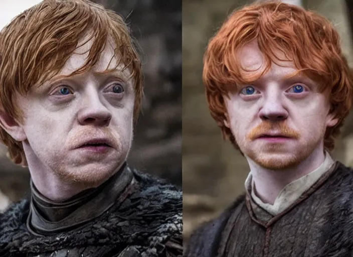 Image similar to ron weasley as thehnellor in game of thrones, rupert grint as thehnellor in game of thrones, handsome portrait of the actor, live action film, cinematic photo, clear hd image