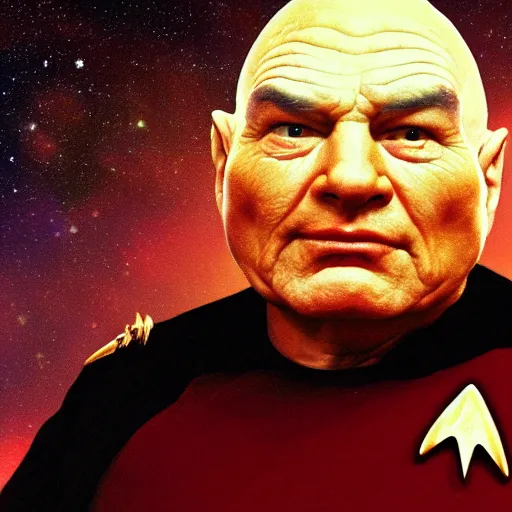 Prompt: jabba the hut as captain picard in star trek high carbination, realistic, hdr, clear image,