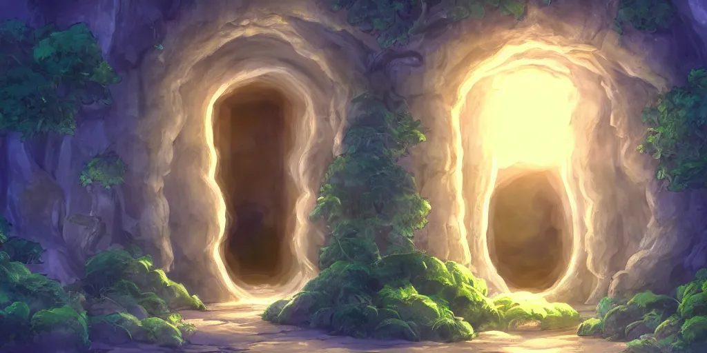 Prompt: a cell - shaded studio ghibli concept art study of a dimensional portal doorway. water is flowing out of the portal. very dull colors, hd, 4 k, hq