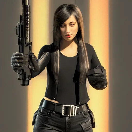 Prompt: photograph of a young woman wearing a all black clothes holding a Gun, detailed, artstation, concept art, Unreal Engine 5 render, gameplay showcase, 8K