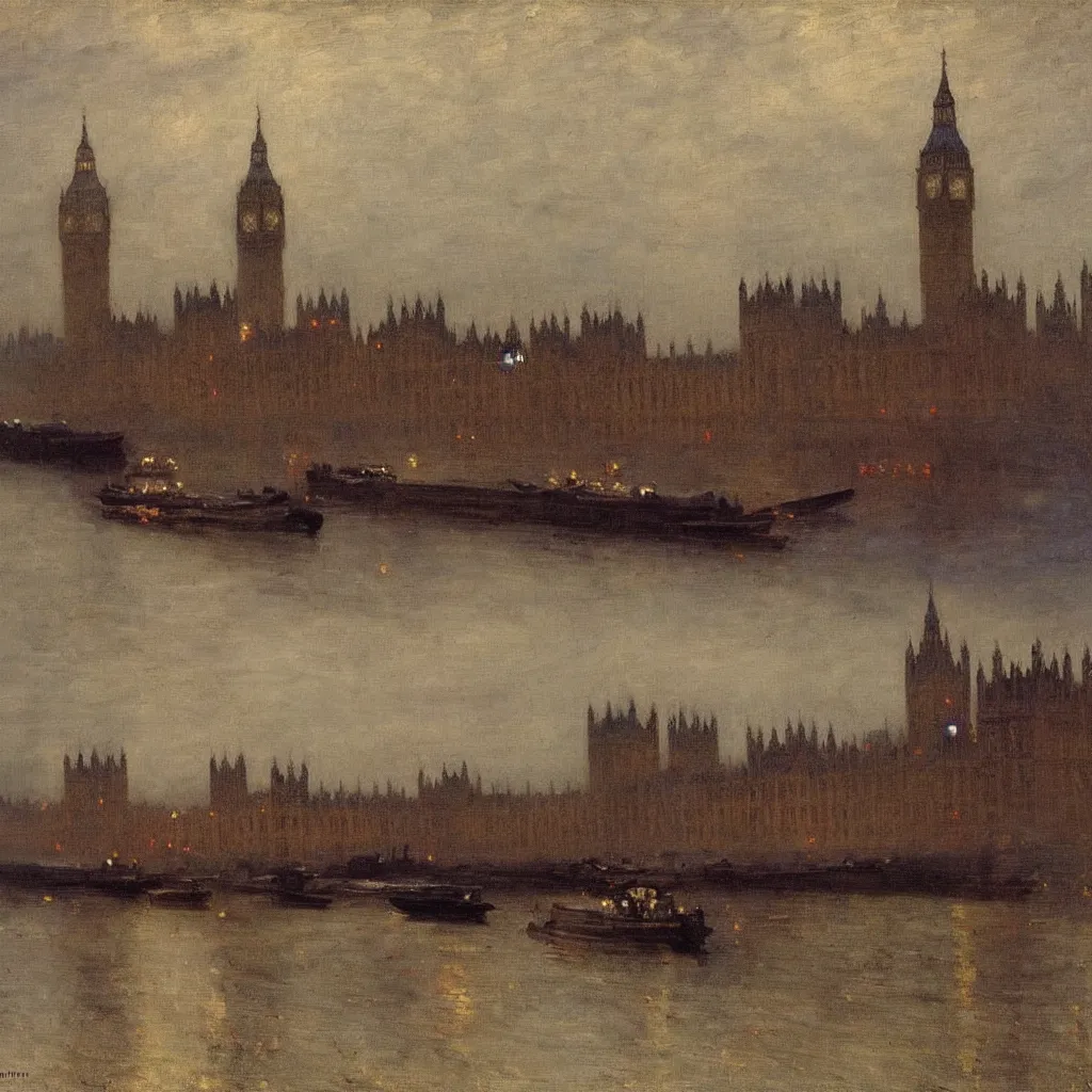 Prompt: the houses of parliament, 1915, gloomy weather highly detailed oil on canvas, by Ilya Repin